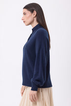 Pull Col Montant Manches Ballons Boutons Dorés Sandy - Bleu Marine - Femme