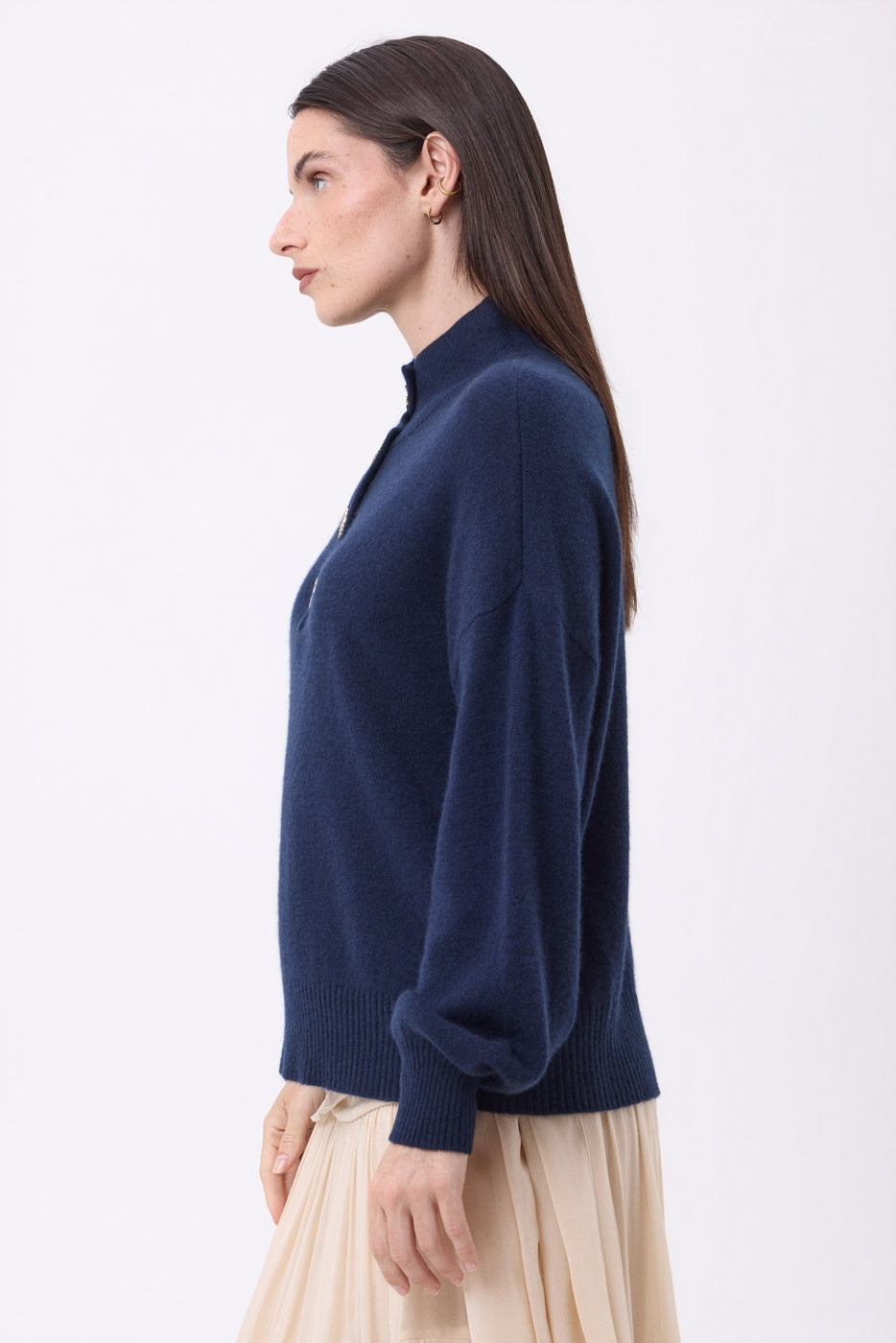 Pull Col Montant Manches Ballons Boutons Dorés Sandy - Bleu Marine - Femme