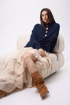 Pull Col Montant Manches Ballons Boutons Dorés Sandy - Bleu Marine - Femme