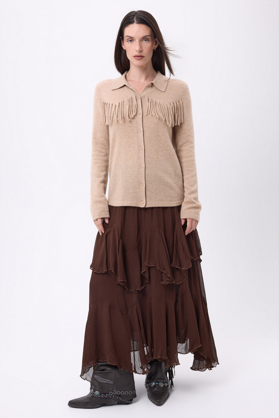 Santa Front Fringe Shirt - Cream Beige - Women
