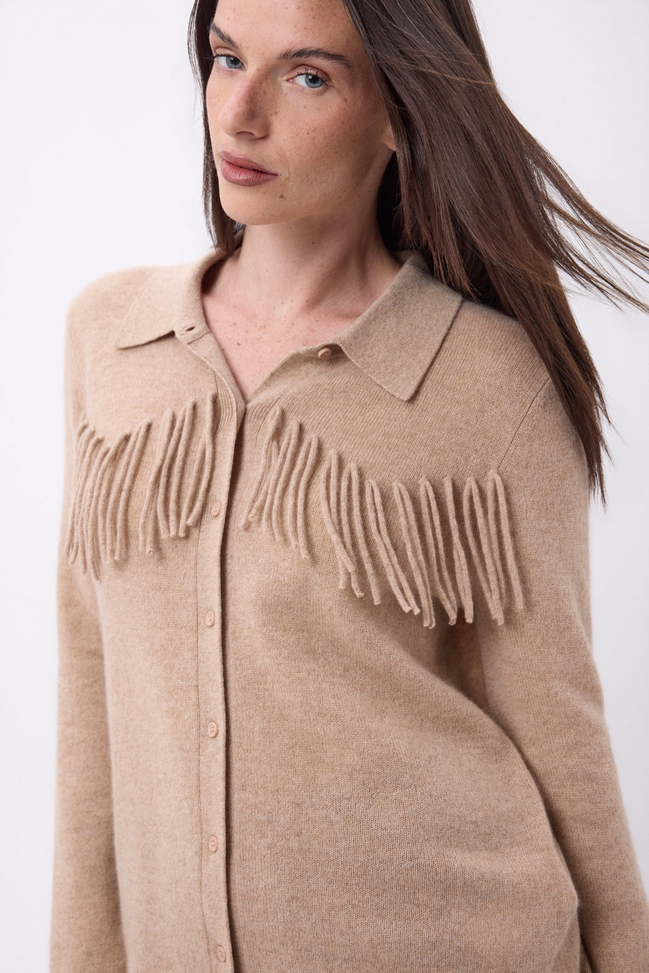 Santa Front Fringe Shirt - Cream Beige - Women