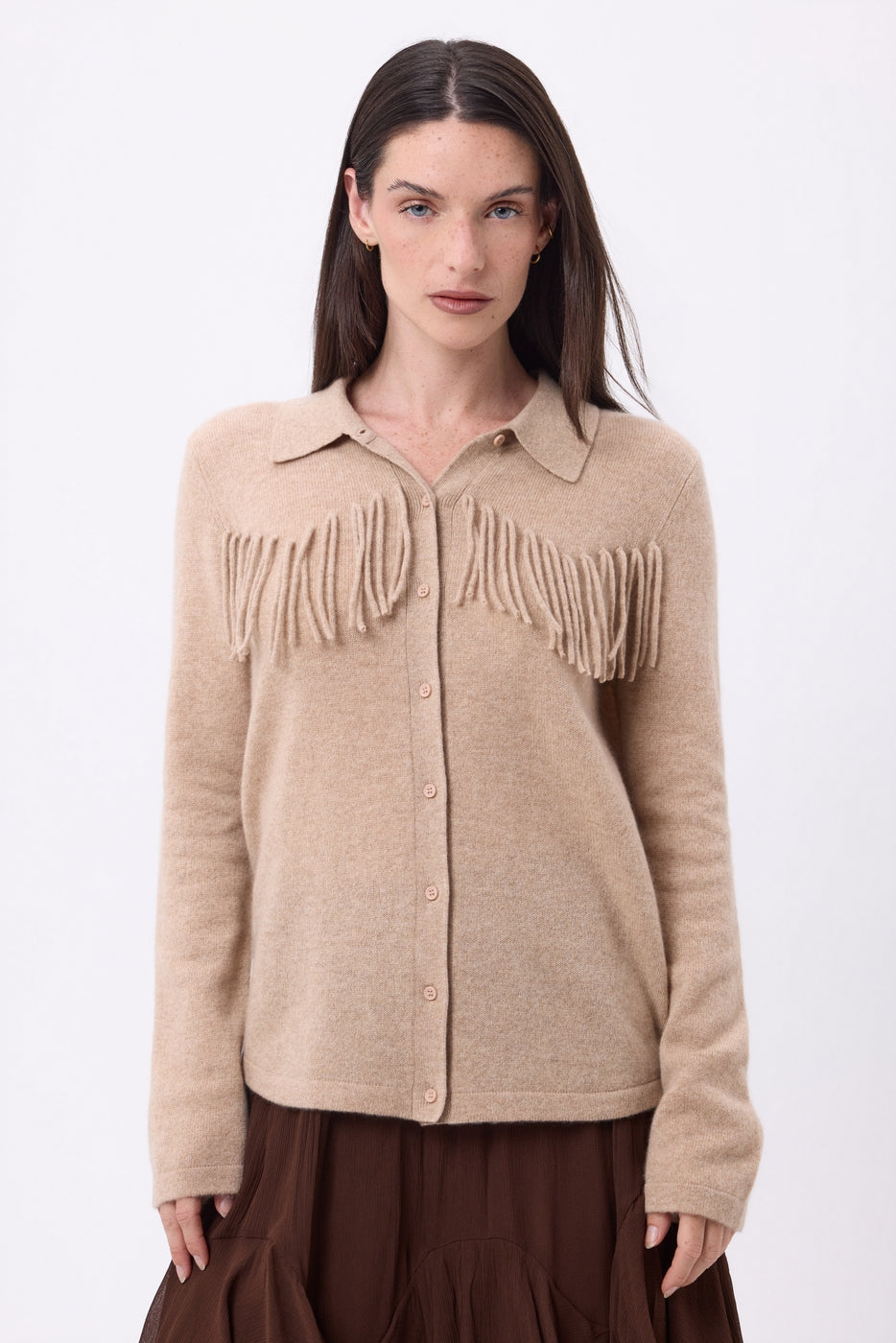 Santa Front Fringe Shirt - Cream Beige - Women