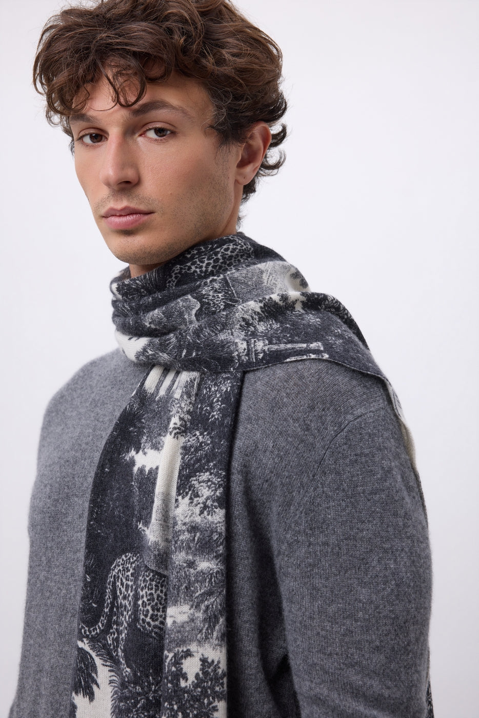 Szal z nadrukiem Jungle Tj - Czarno-biały - Unisex - 100% Kaszmir