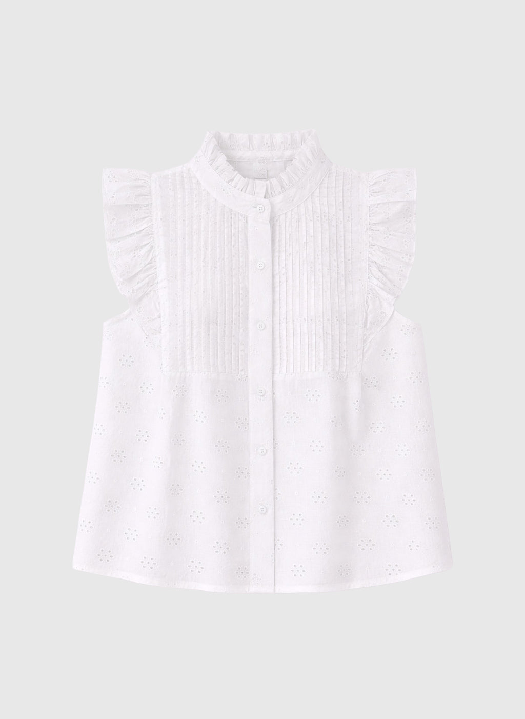 An'ge – Camicia Seliza Ecru, blusa bianca smanicata con collo alto e ricamo inglese