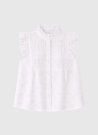 An'ge – Camicia Seliza Ecru, blusa bianca smanicata con collo alto e ricamo inglese