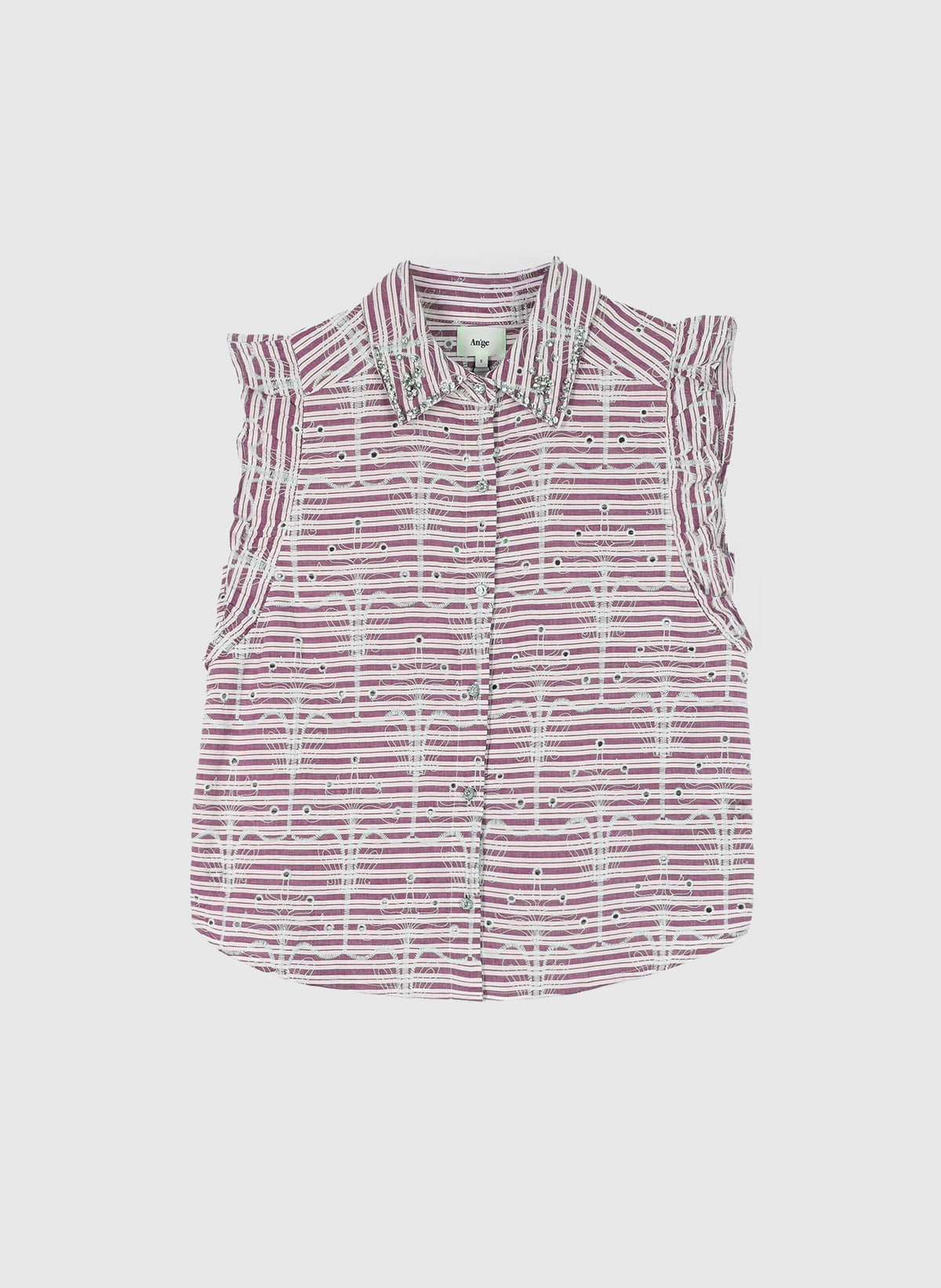 An'ge – Chemise Senaly Rouge, chemise sans manches à rayures bordeaux et blanches, vue de face