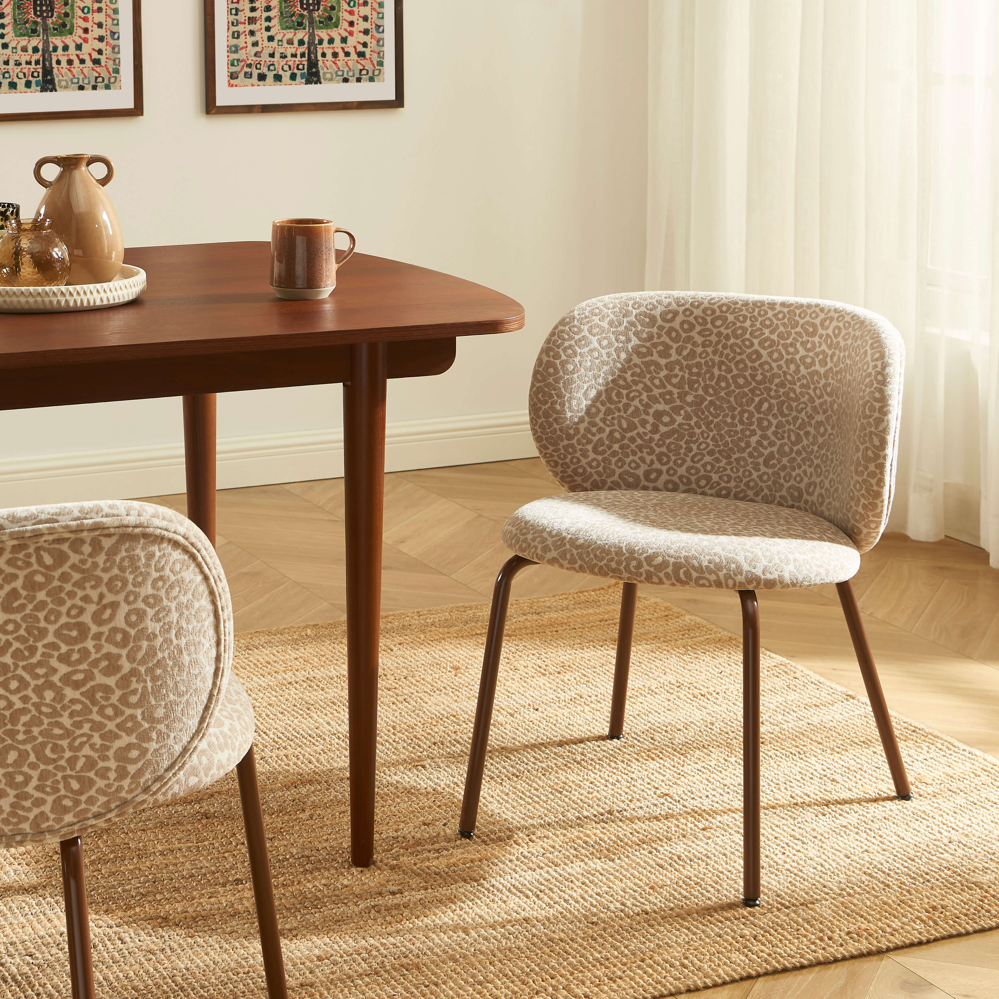 Serena - Lot De 2 Chaises - Tissu Jacquard Léopard - Beige