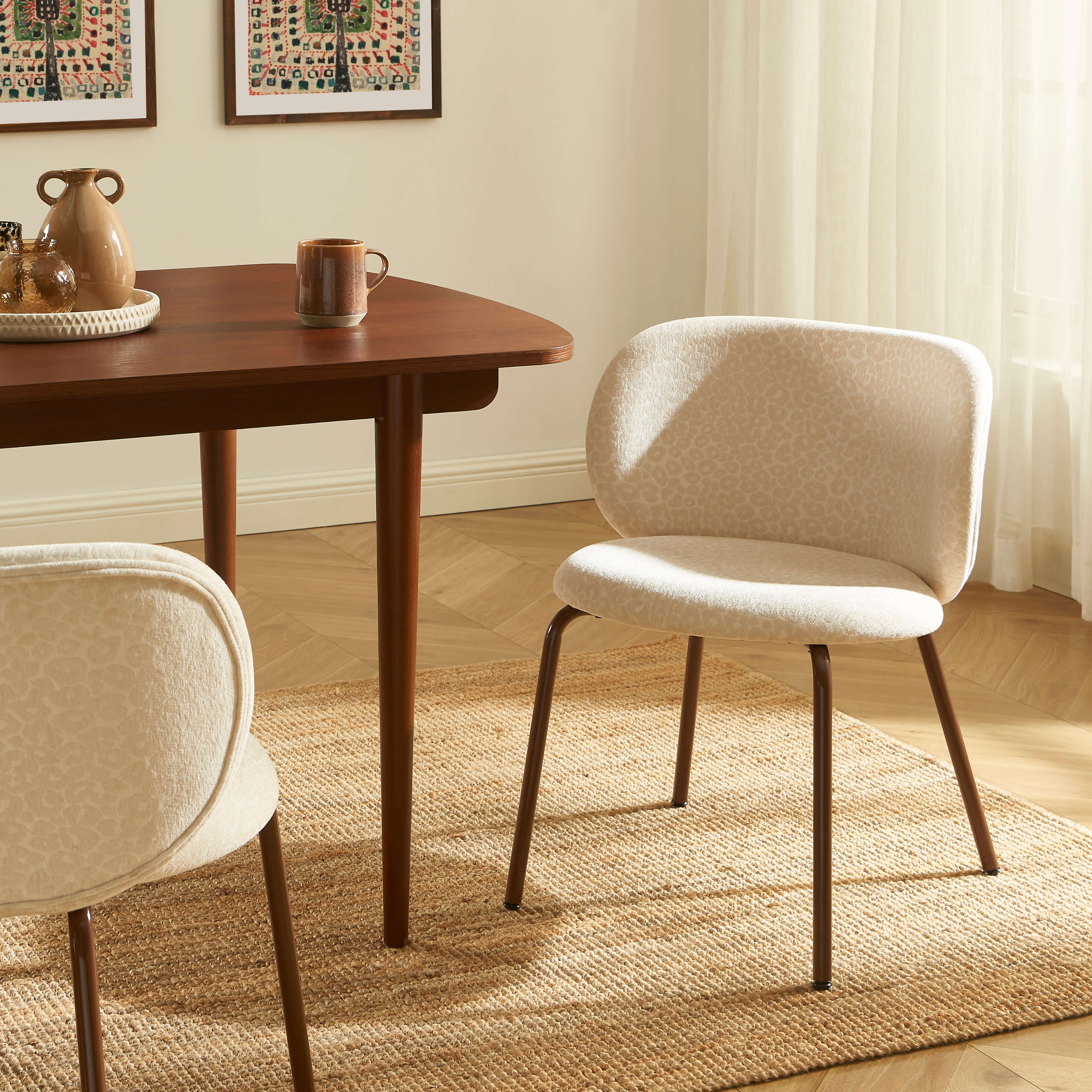 Serena - Lot De 2 Chaises - Tissu Jacquard Léopard - Écru
