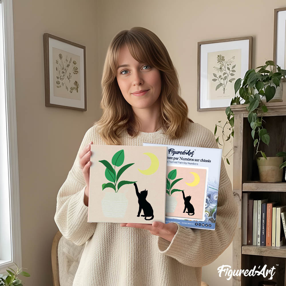 Mini Paint by Numbers 20x20cm with Frame Kitten and Plant in Moonlight