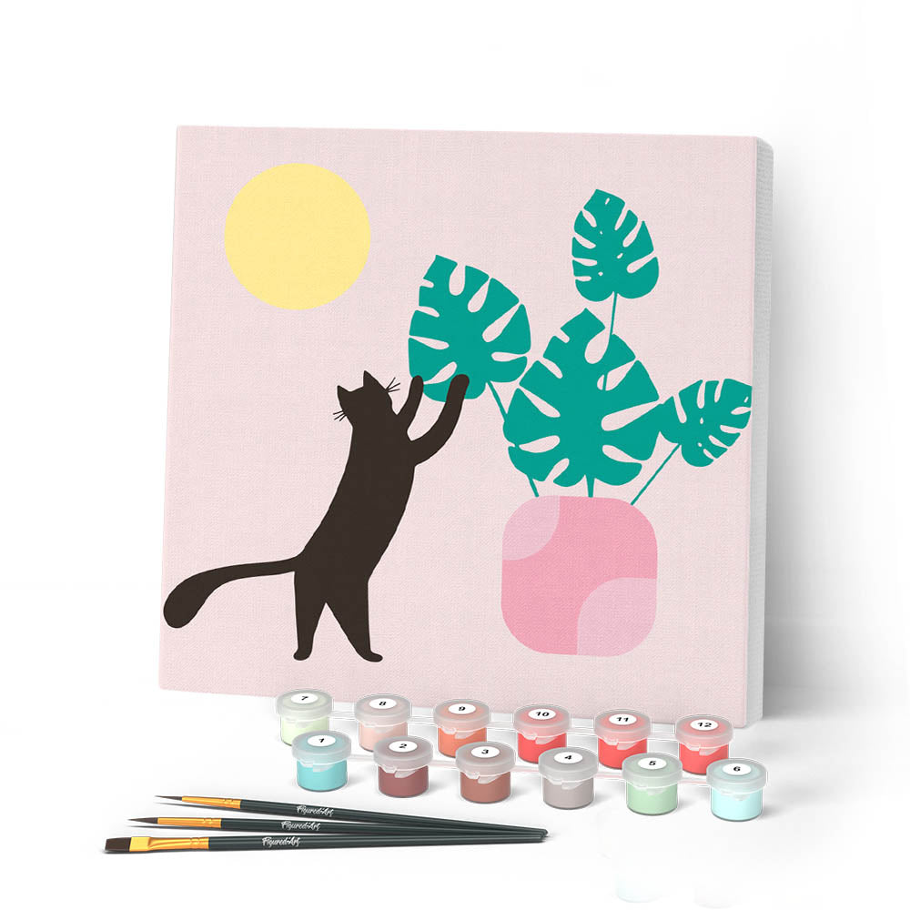 Mini pintura por números 20x20cm con marco Gatito y planta al sol