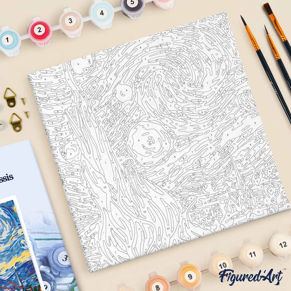 Mini pintura por números 20x20cm con marco Van Gogh Noche estrellada