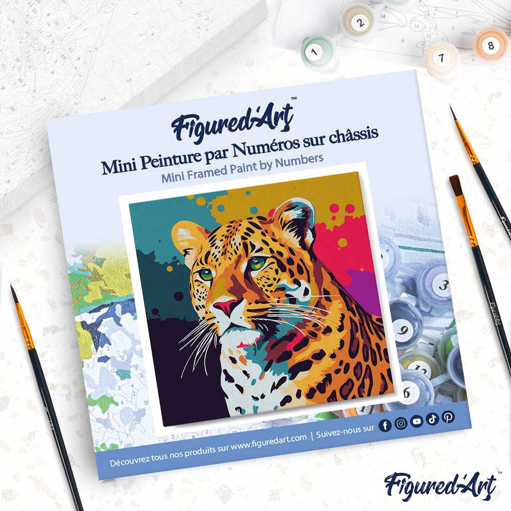 Mini pintura por números 20x20cm con marco Leopardo abstracto Pop Art