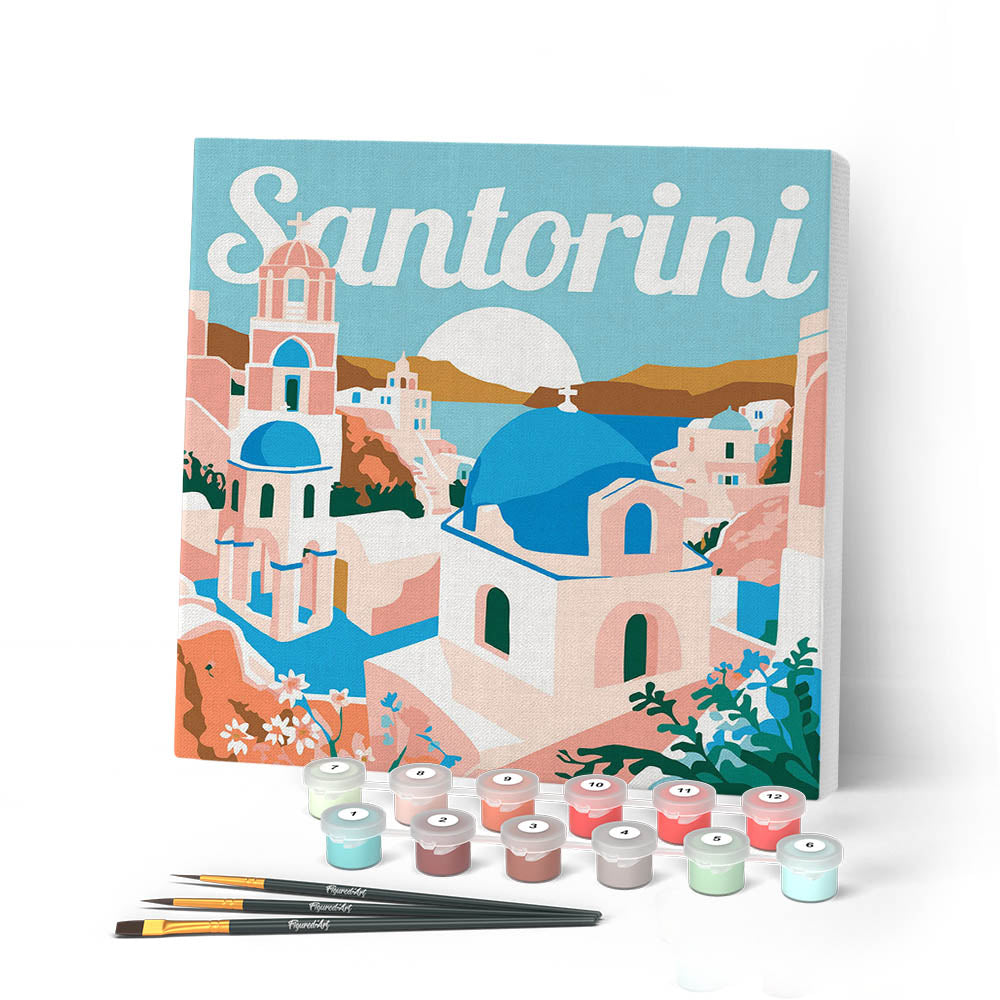 Mini pintura por números 20x20cm con marco Amanecer en Santorini