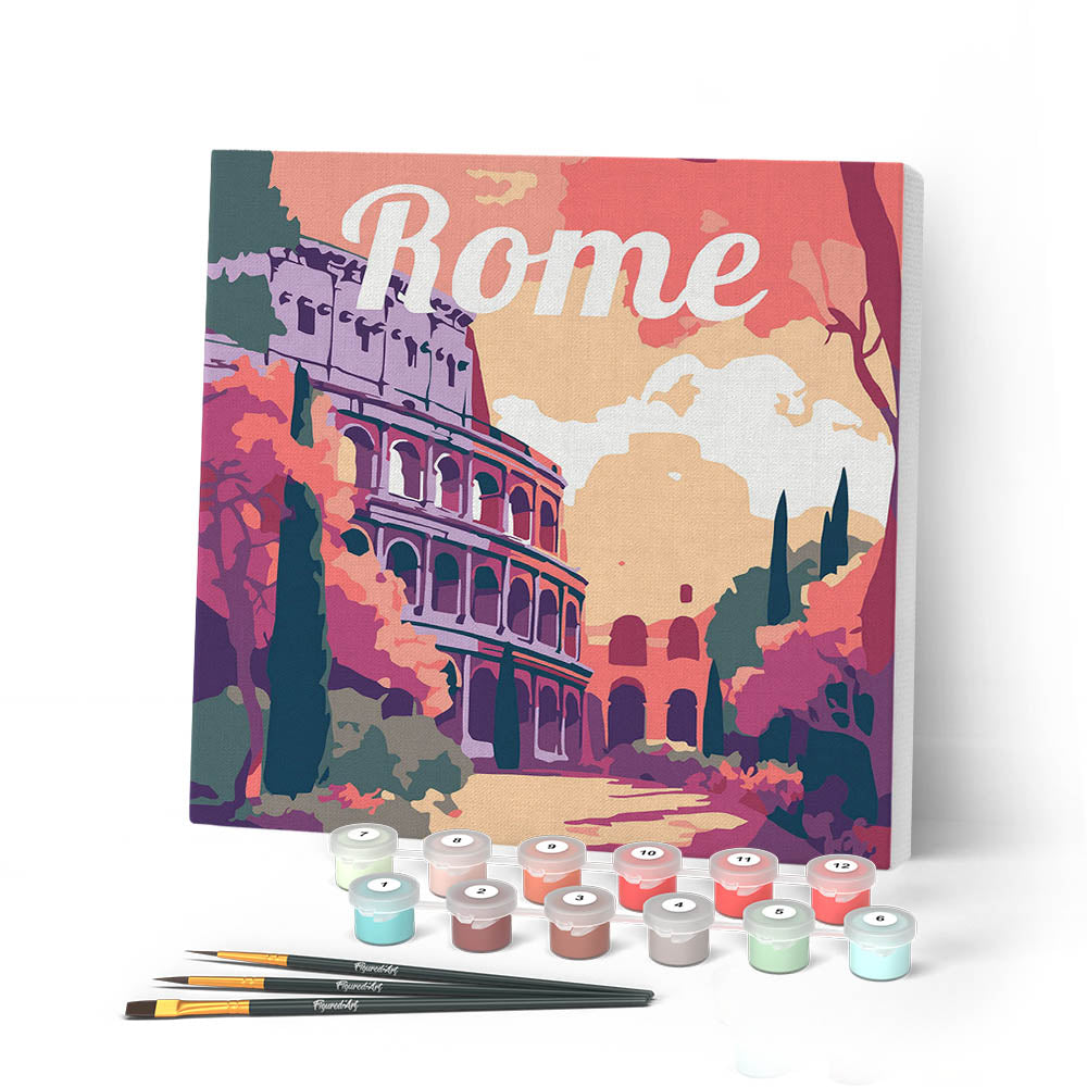 Mini pintura por números 20x20cm con marco Coliseo de Roma