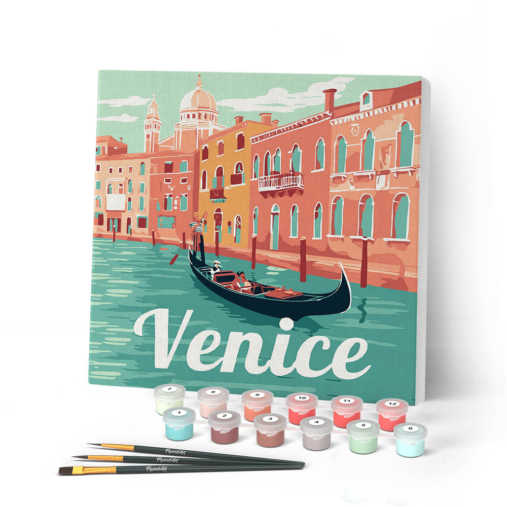Mini pintura por números 20x20cm con marco Góndolas en Venecia