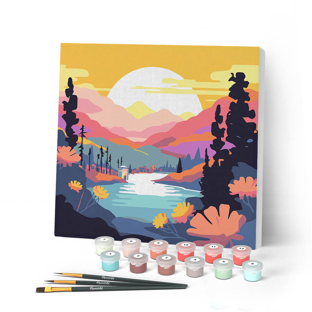 Mini Peinture Par Numéros 20X20Cm Avec Cadre Coucher De Soleil Coloré Au Bord Du Lac
