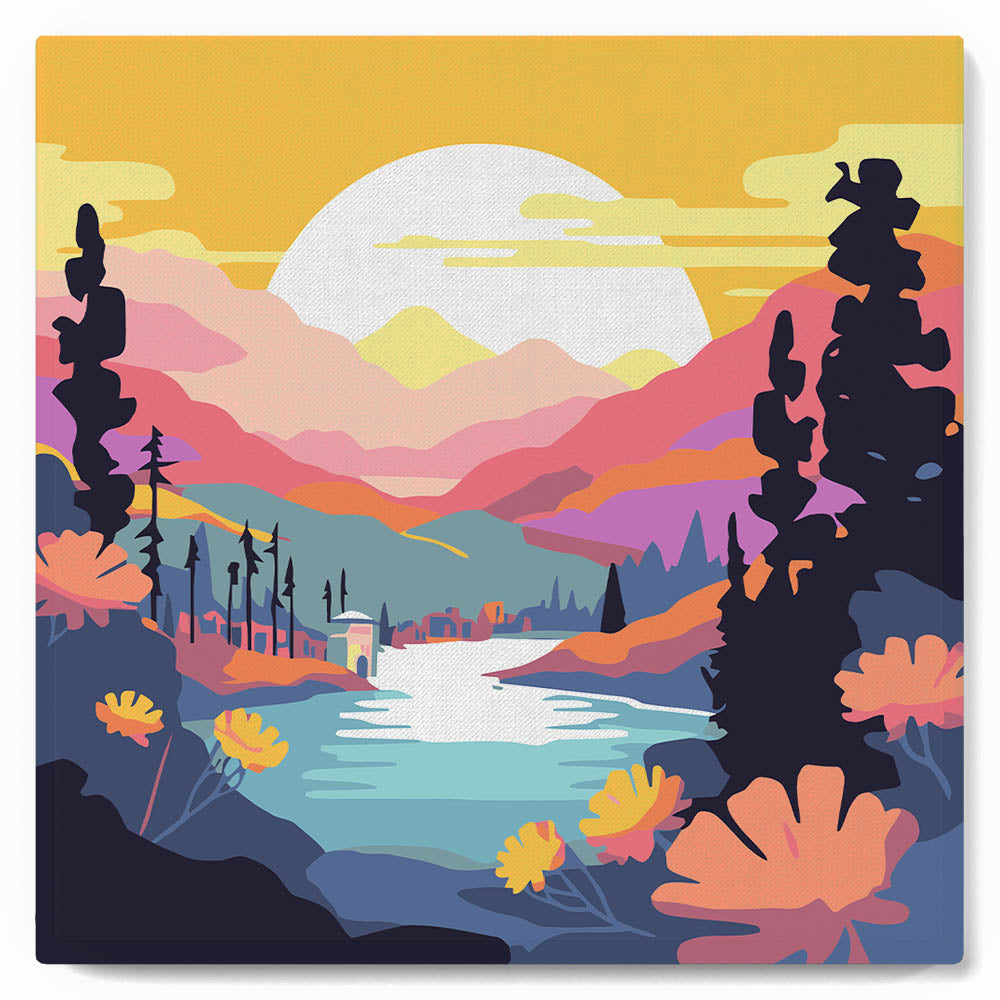 Mini Peinture Par Numéros 20X20Cm Avec Cadre Coucher De Soleil Coloré Au Bord Du Lac