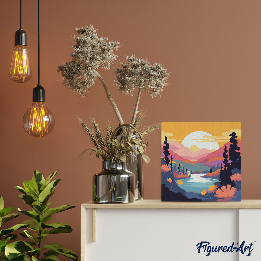 Mini Peinture Par Numéros 20X20Cm Avec Cadre Coucher De Soleil Coloré Au Bord Du Lac