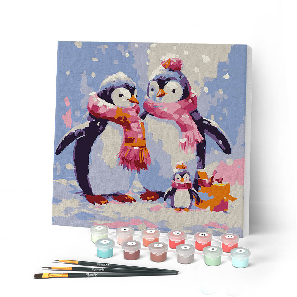 Mini Peinture Par Numéros 20X20Cm Avec Cadre Famille De Pingouins Sous La Neige