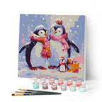 Mini Peinture Par Numéros 20X20Cm Avec Cadre Famille De Pingouins Sous La Neige