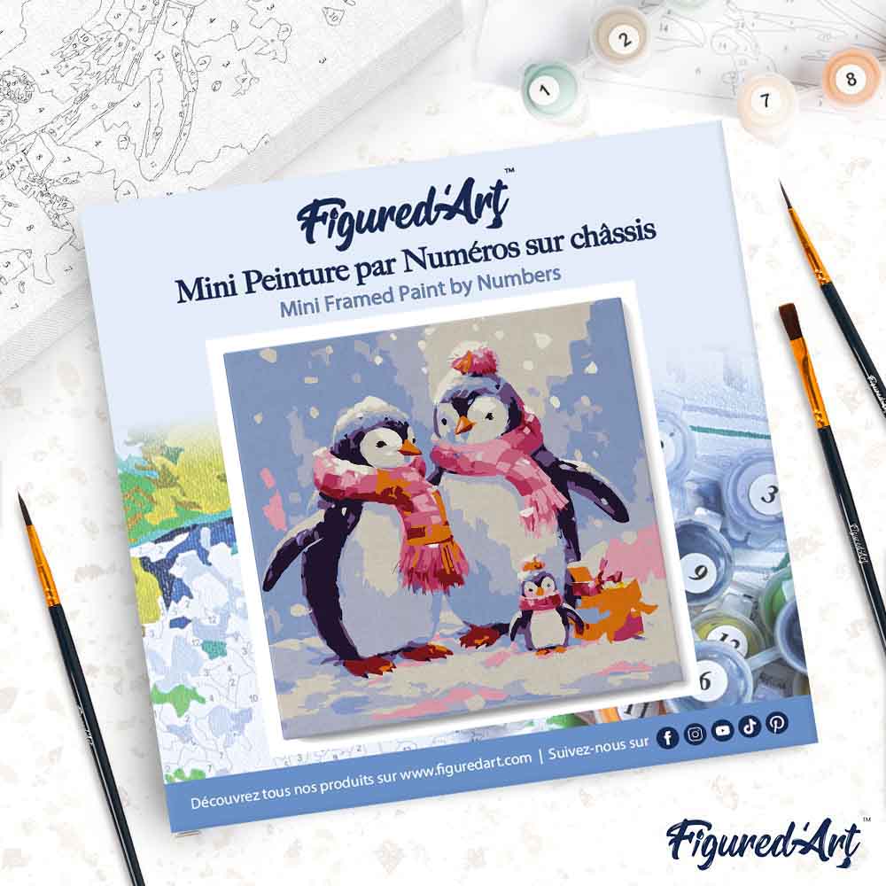 Mini Peinture Par Numéros 20X20Cm Avec Cadre Famille De Pingouins Sous La Neige