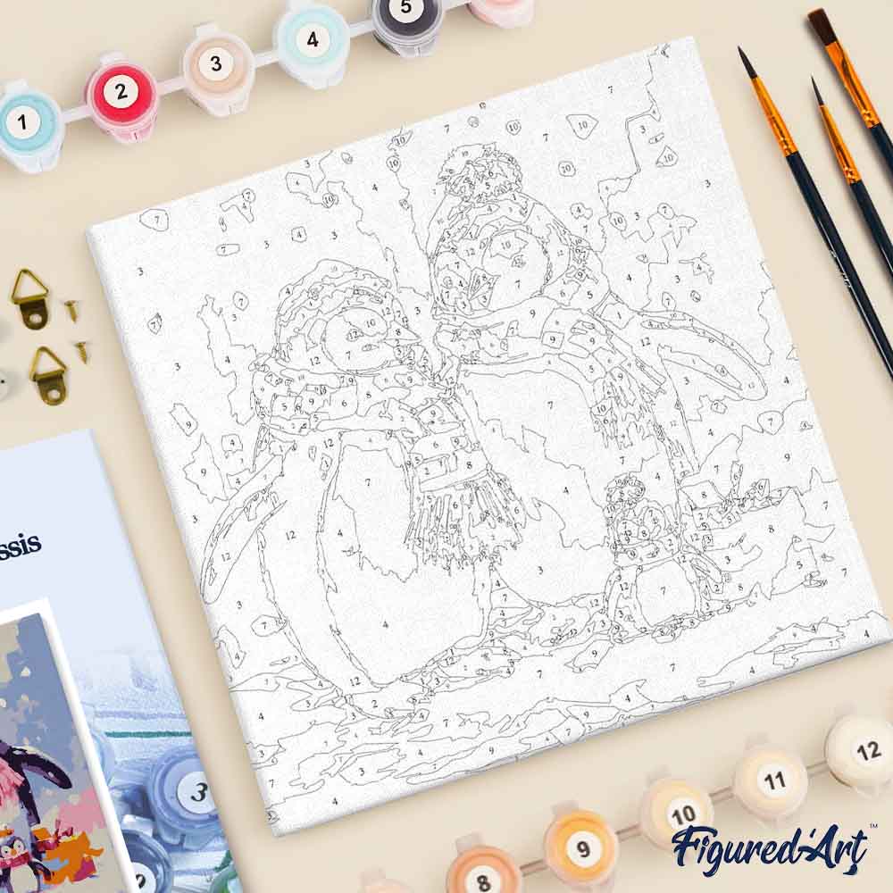 Mini Peinture Par Numéros 20X20Cm Avec Cadre Famille De Pingouins Sous La Neige