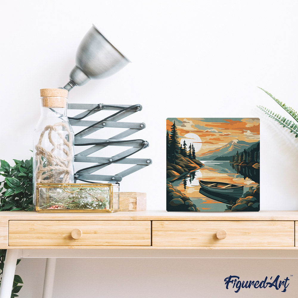 Mini pintura por números 20x20cm con marco Lago de montaña y canoa