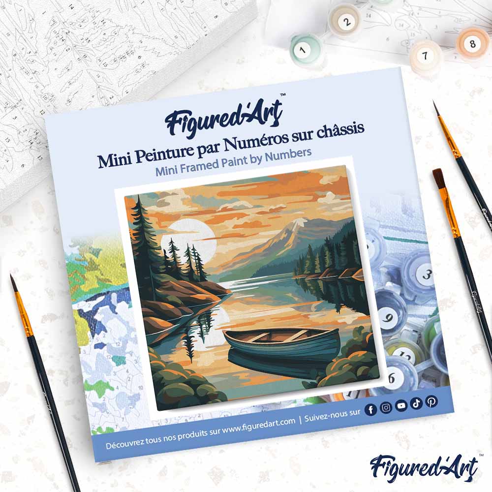 Mini pintura por números 20x20cm con marco Lago de montaña y canoa