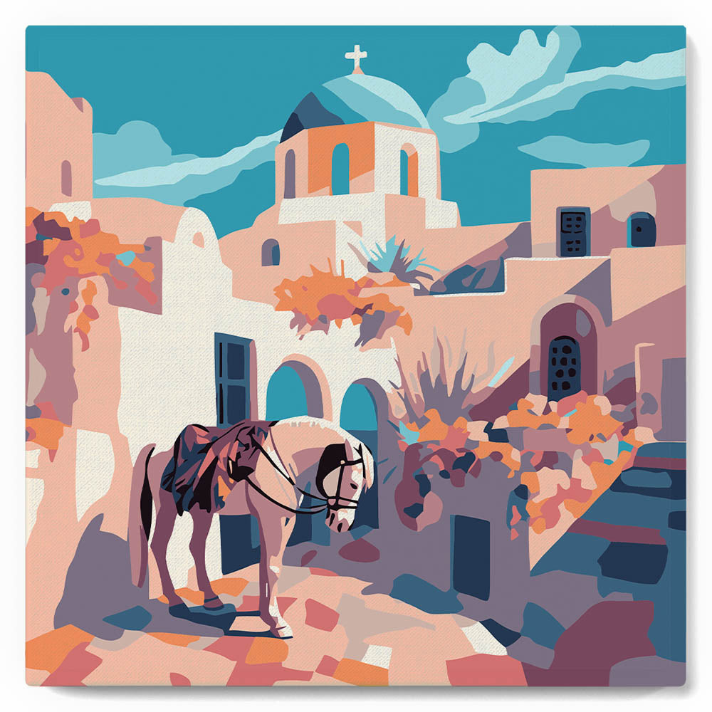 Mini Peinture Par Numéros 20X20Cm Avec Cadre Scène De Cheval À Santorin