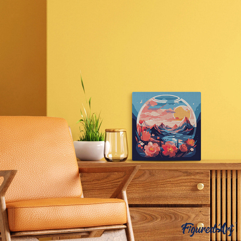 Mini Peinture Par Numéros 20X20Cm Avec Cadre Montagnes Et Boule De Verre