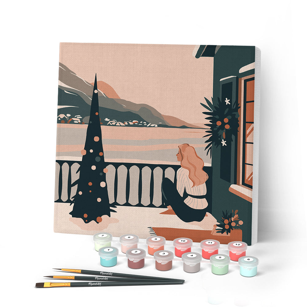 Mini Peinture Par Numéros 20X20Cm Avec Cadre Femme Et Lac En Hiver