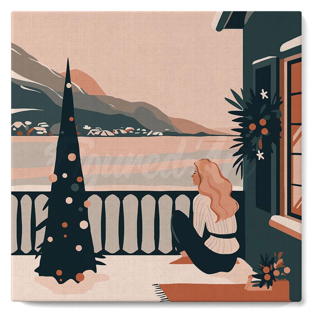 Mini Peinture Par Numéros 20X20Cm Avec Cadre Femme Et Lac En Hiver