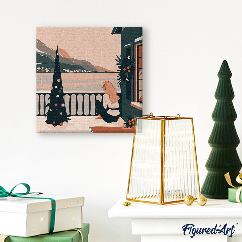 Mini Peinture Par Numéros 20X20Cm Avec Cadre Femme Et Lac En Hiver