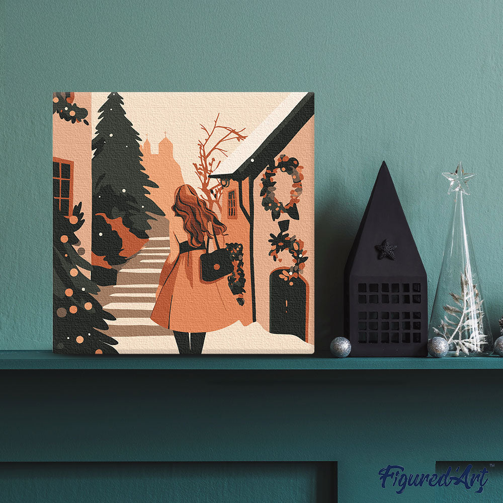 Mini pintura por números 20x20 cm con marco Mujer en un pueblo festivo