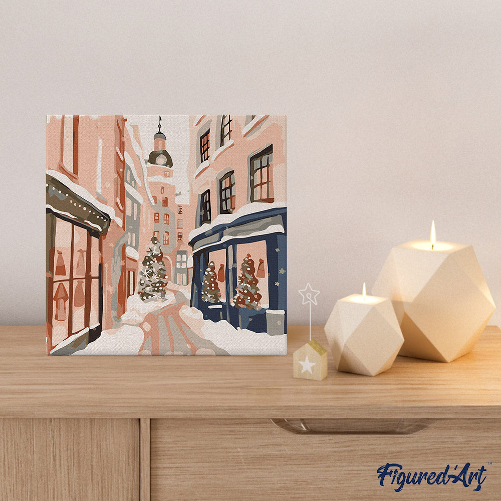 Mini pintura por números 20x20 cm con marco Callejón de Navidad nevado