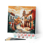 Mini Peinture Par Numéros 20X20Cm Avec Cadre Église De Village Ensoleillé