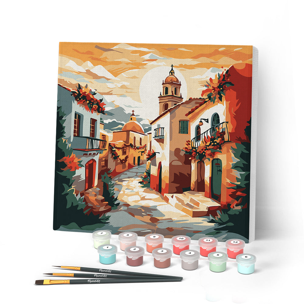 Mini Peinture Par Numéros 20X20Cm Avec Cadre Église De Village Ensoleillé