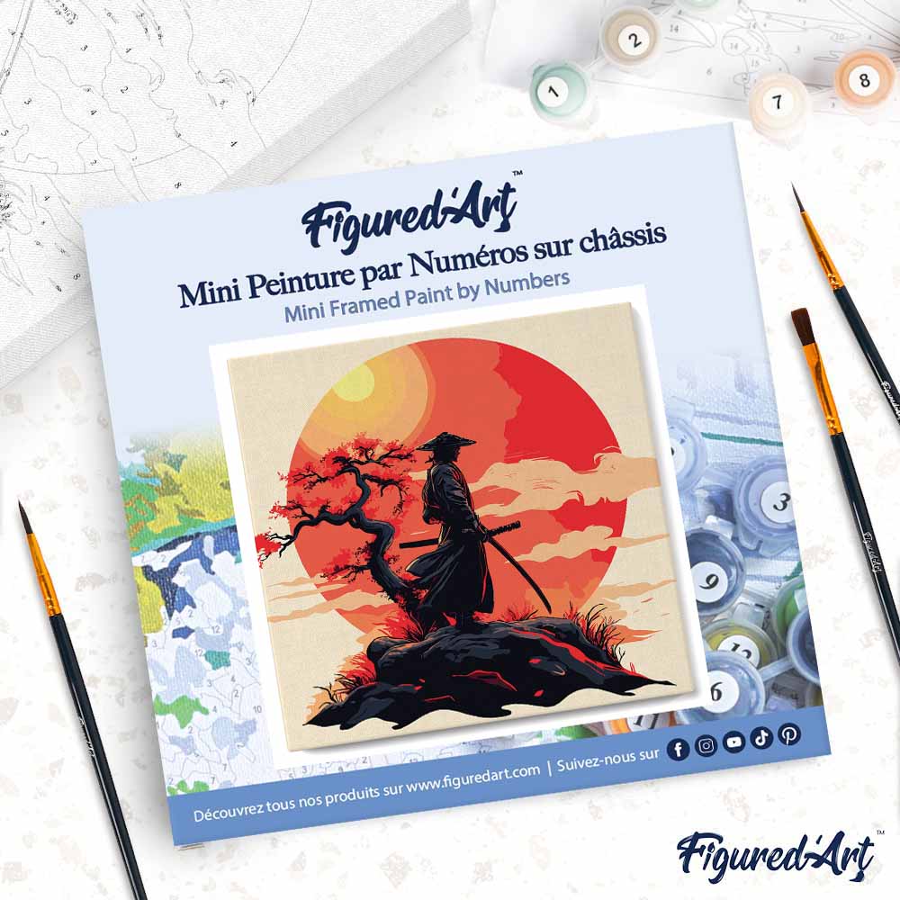 Mini Peinture Par Numéros 20X20Cm Avec Cadre Samourai Au Coucher Du Soleil