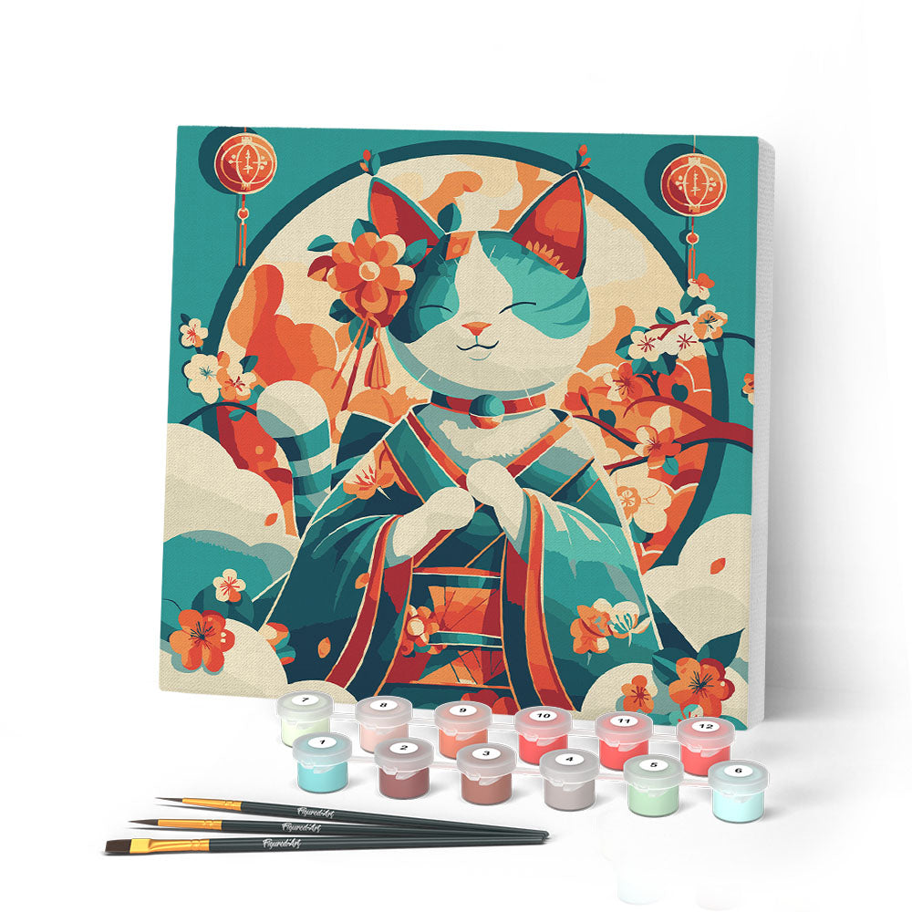 Mini Peinture Par Numéros 20X20Cm Avec Cadre Chat Princesse Japonaise