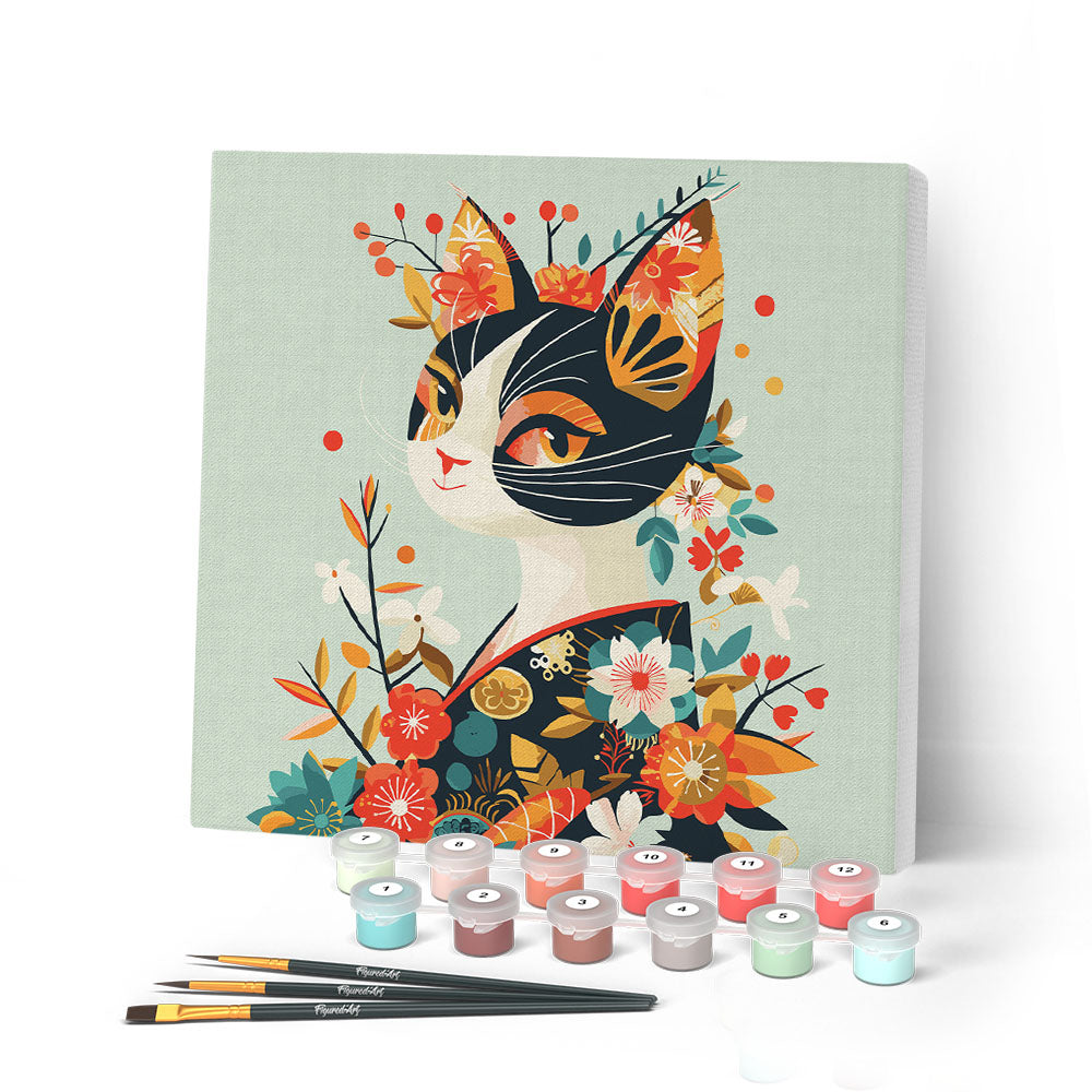 Mini Paint By Numbers 20x20cm With Frame Floral Cat In Kimono