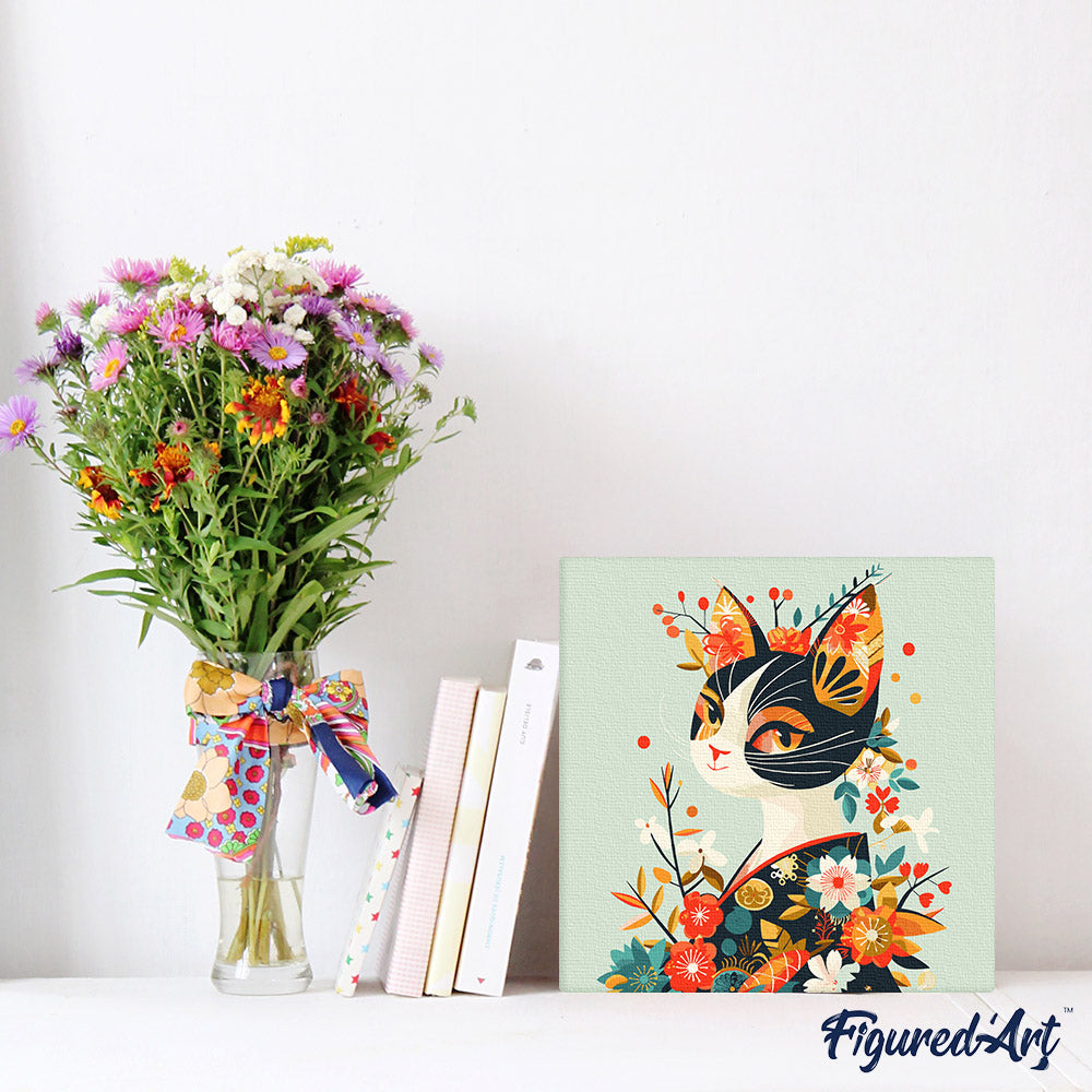 Mini Paint By Numbers 20x20cm With Frame Floral Cat In Kimono