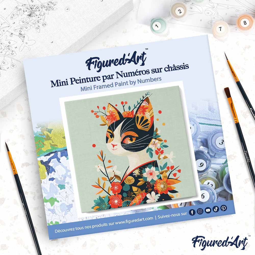 Mini Paint By Numbers 20x20cm With Frame Floral Cat In Kimono
