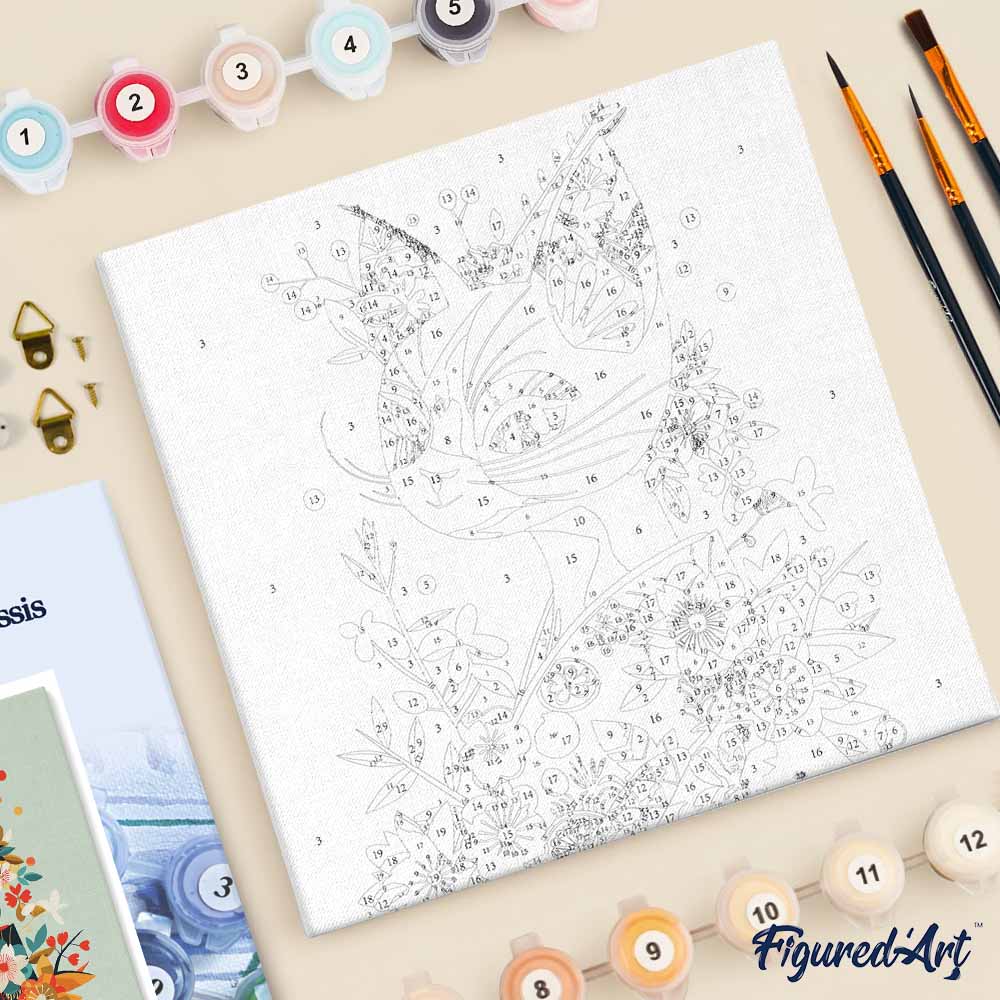 Mini Paint By Numbers 20x20cm With Frame Floral Cat In Kimono
