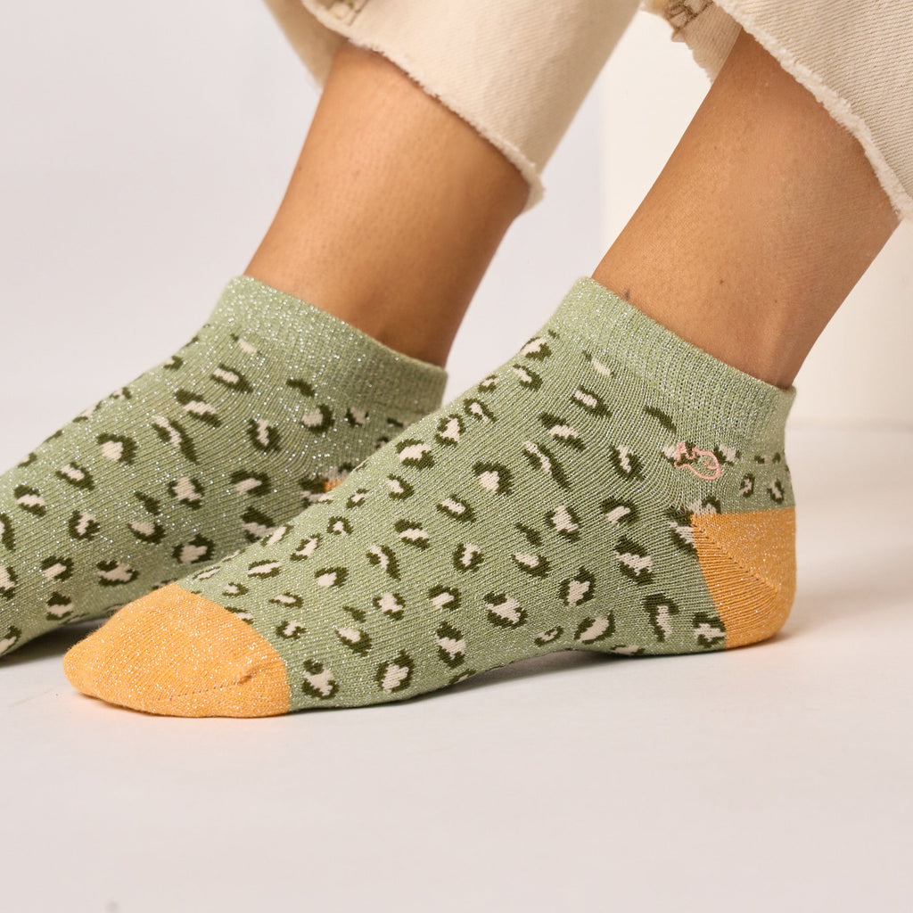 Socquettes Pailletées En Coton Peigné Léopard - Vert Clair