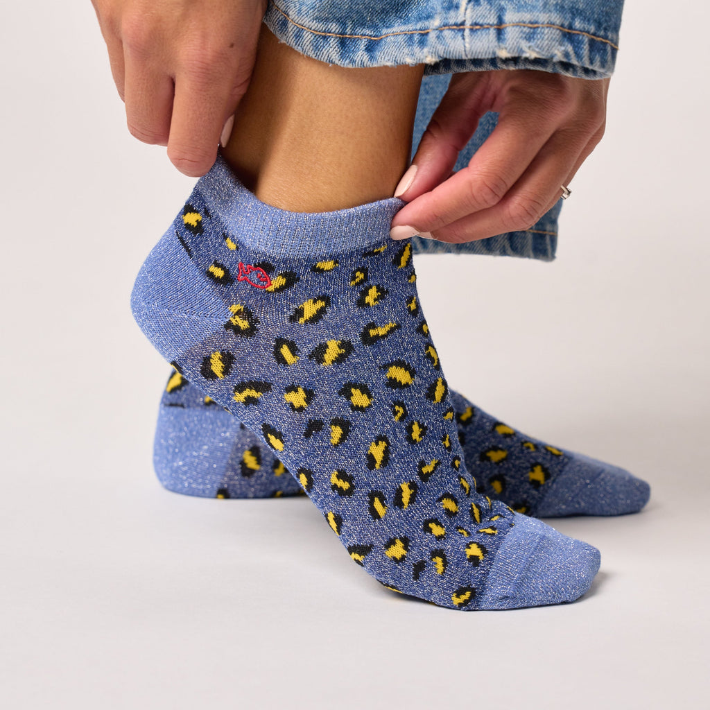 Calzini Bassi Glitterati In Cotone Pettinato Leopardati - Blu Navy