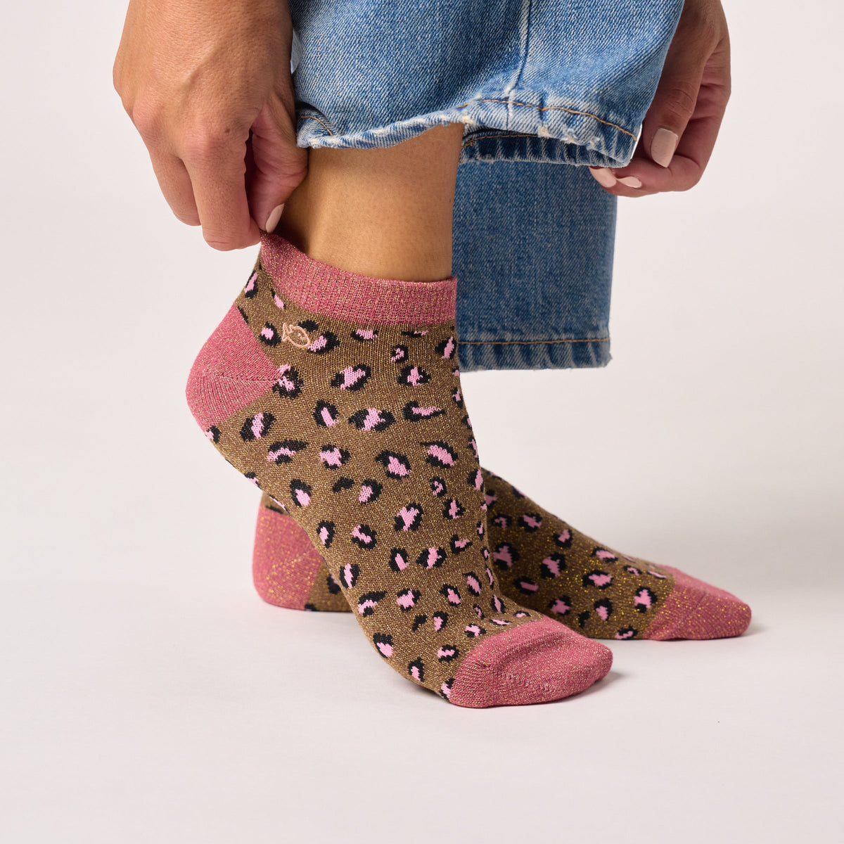 Calze Corte Glitterate in Cotone Pettinato Leopardo - Marrone e Rosa