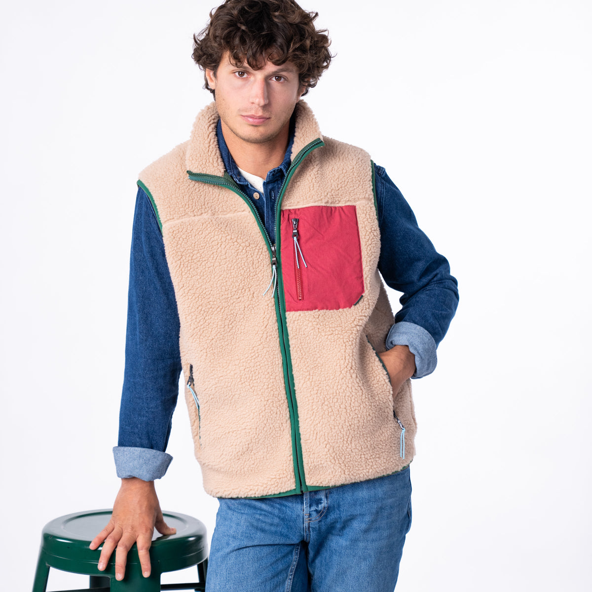 Veste Sherpa Mixte Zippée Sans Manches - Naturel Et Bordeaux