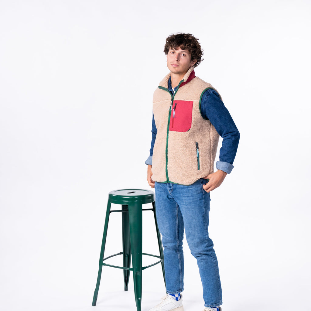 Veste Sherpa Mixte Zippée Sans Manches - Naturel Et Bordeaux