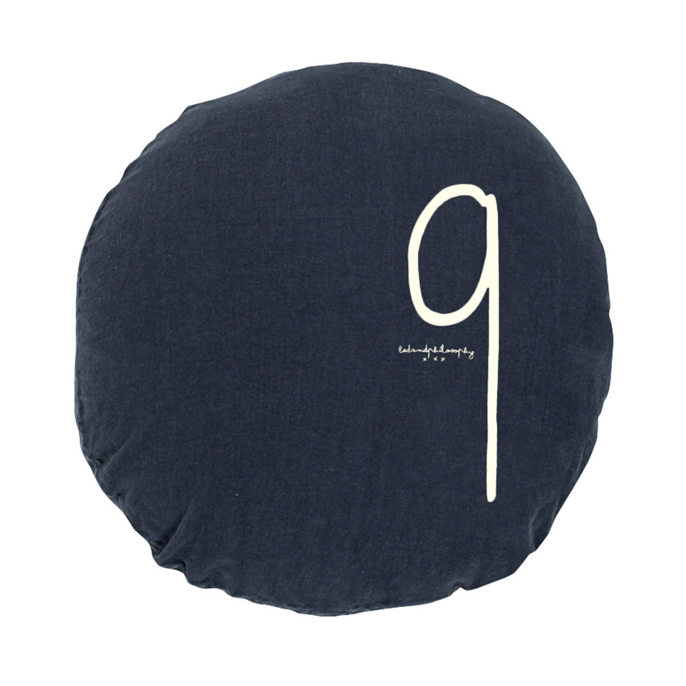 Round Screen-Printed Linen Cushion Shiningtypo 9 - Charbon