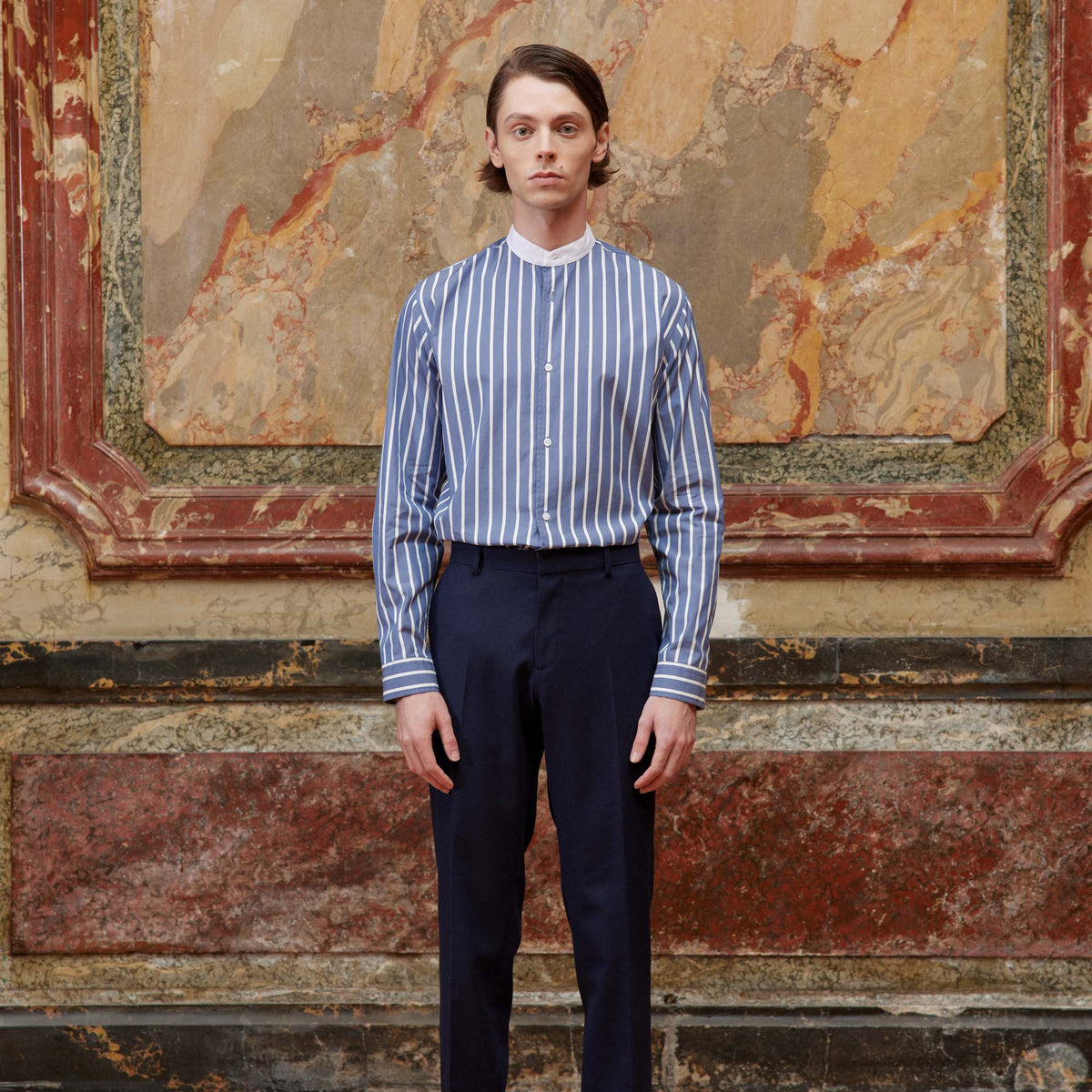 Chemise En Coton Bleue À Rayures Blanches